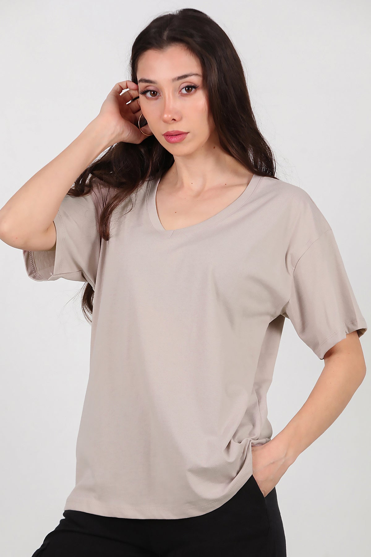 Kadın V Yaka Oversize T-Shirt Vizon
