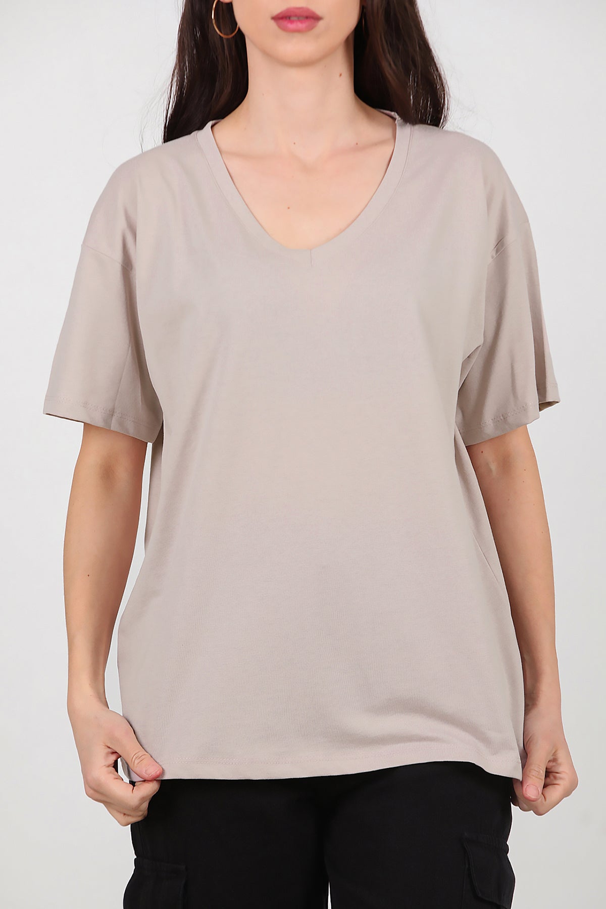 Kadın V Yaka Oversize T-Shirt Vizon