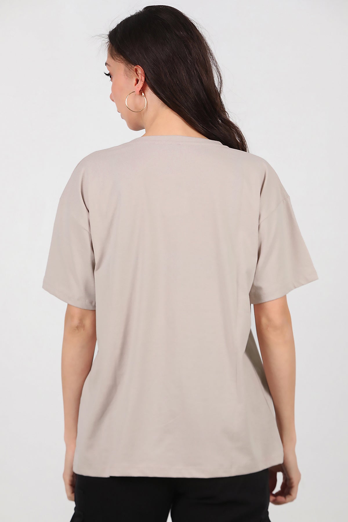 Kadın V Yaka Oversize T-Shirt Vizon