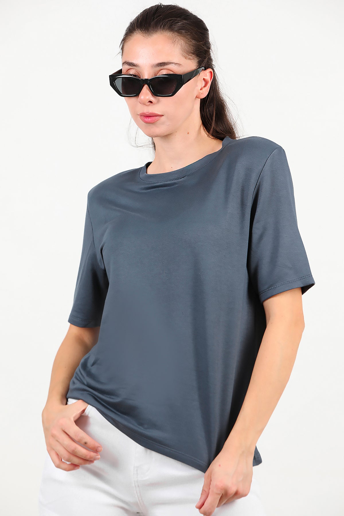 Kadın Bisiklet Yaka Vatkalı T-shirt Füme