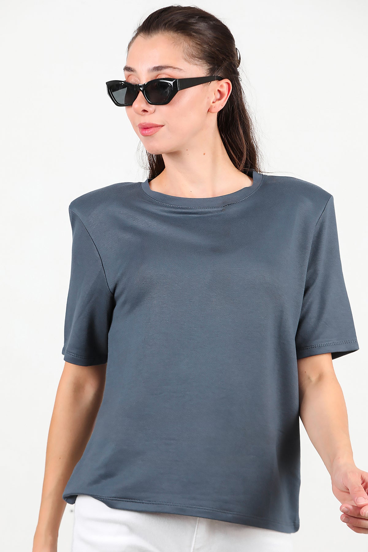 Kadın Bisiklet Yaka Vatkalı T-shirt Füme