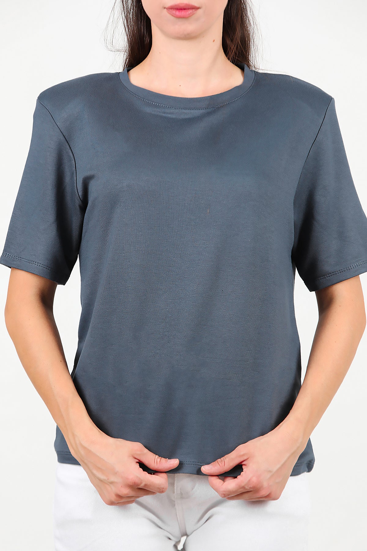 Kadın Bisiklet Yaka Vatkalı T-shirt Füme