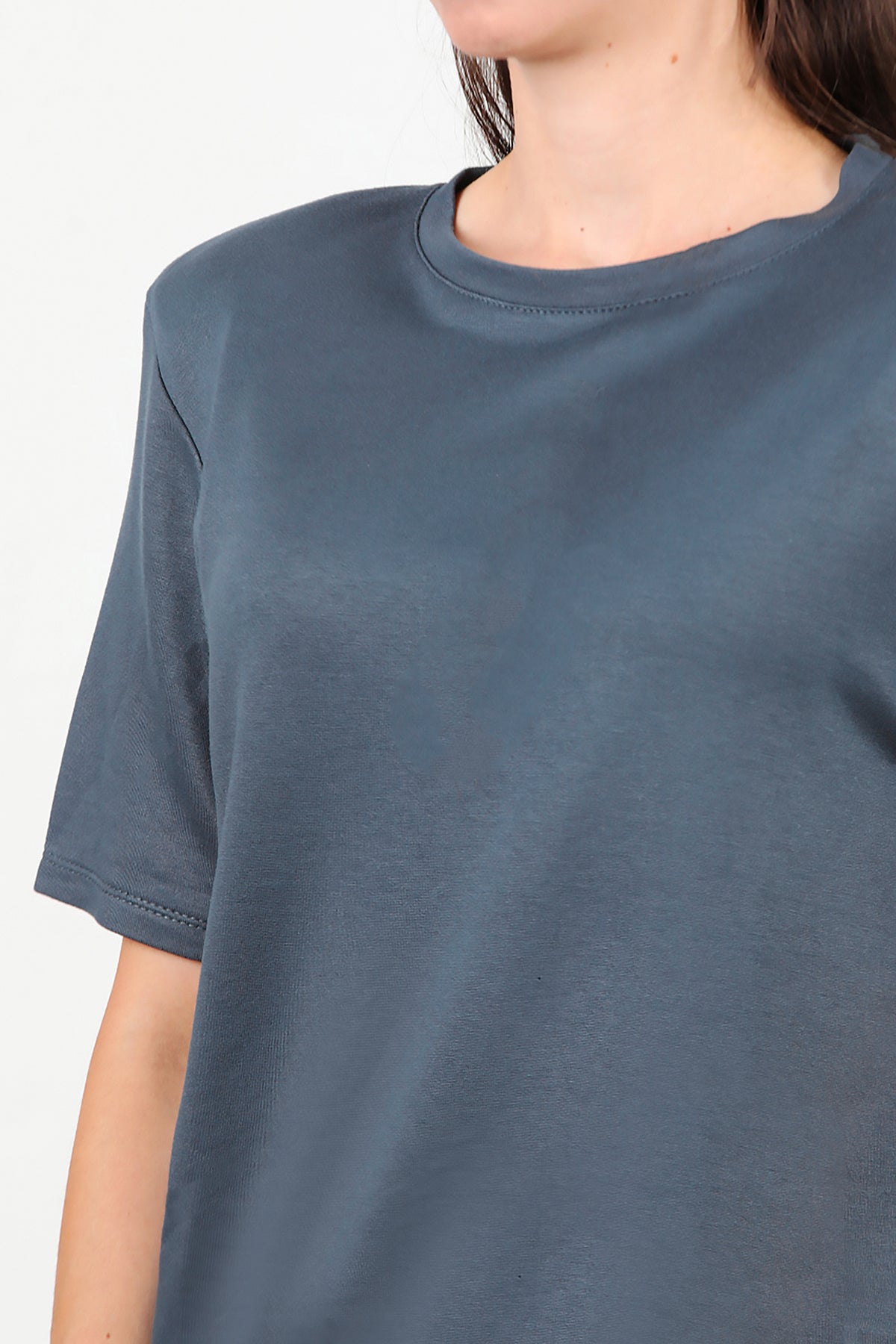 Kadın Bisiklet Yaka Vatkalı T-shirt Füme