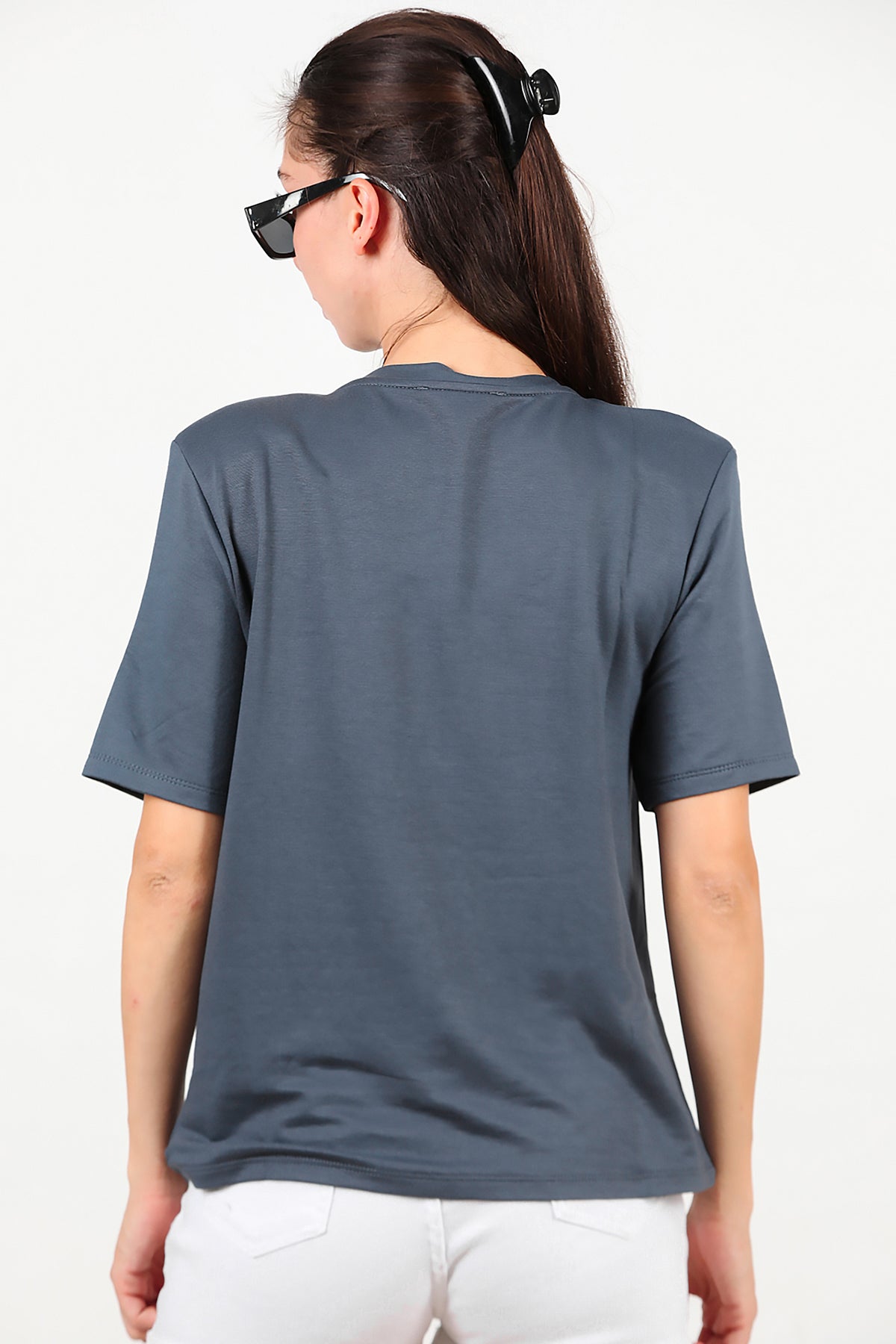 Kadın Bisiklet Yaka Vatkalı T-shirt Füme