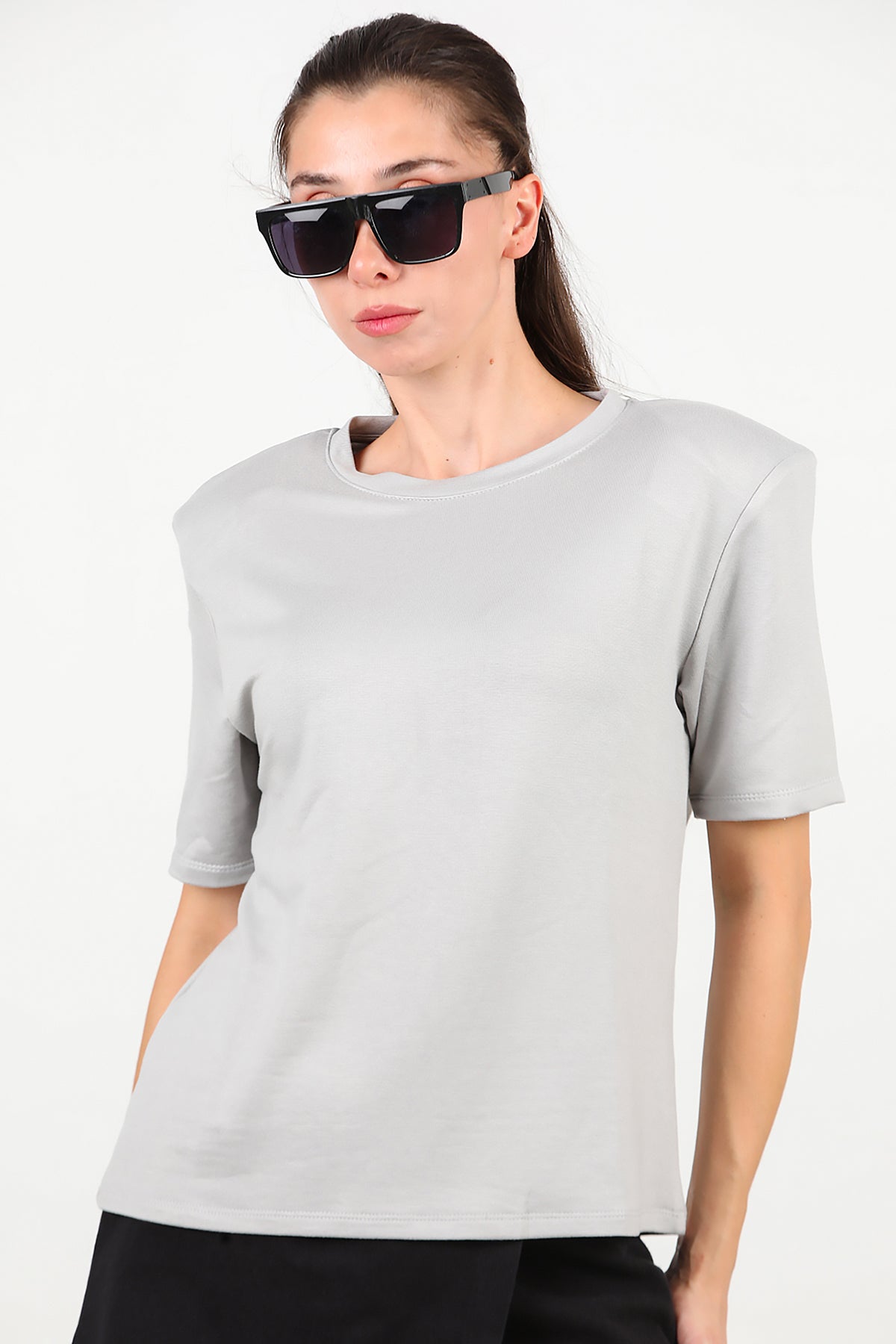 Kadın Bisiklet Yaka Vatkalı T-shirt Gri