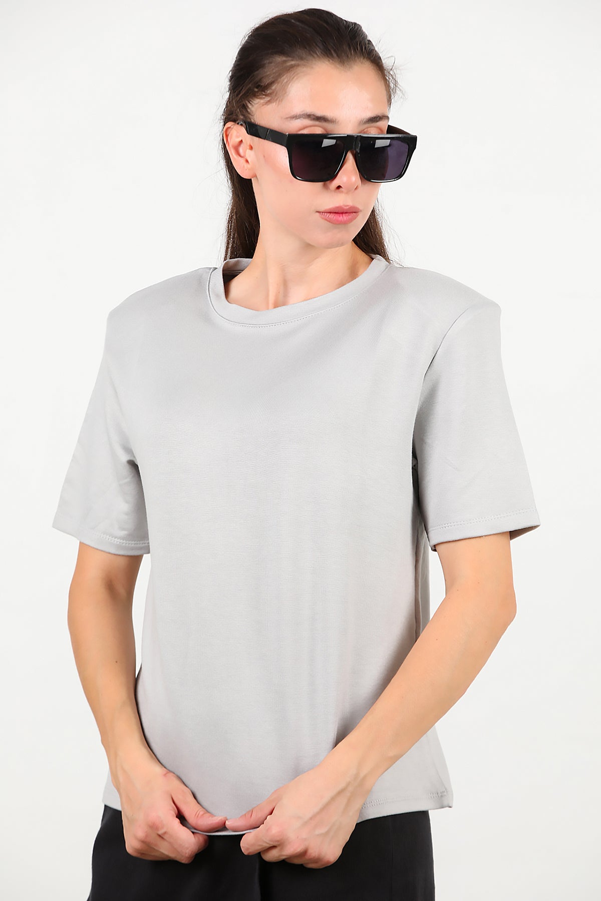 Kadın Bisiklet Yaka Vatkalı T-shirt Gri