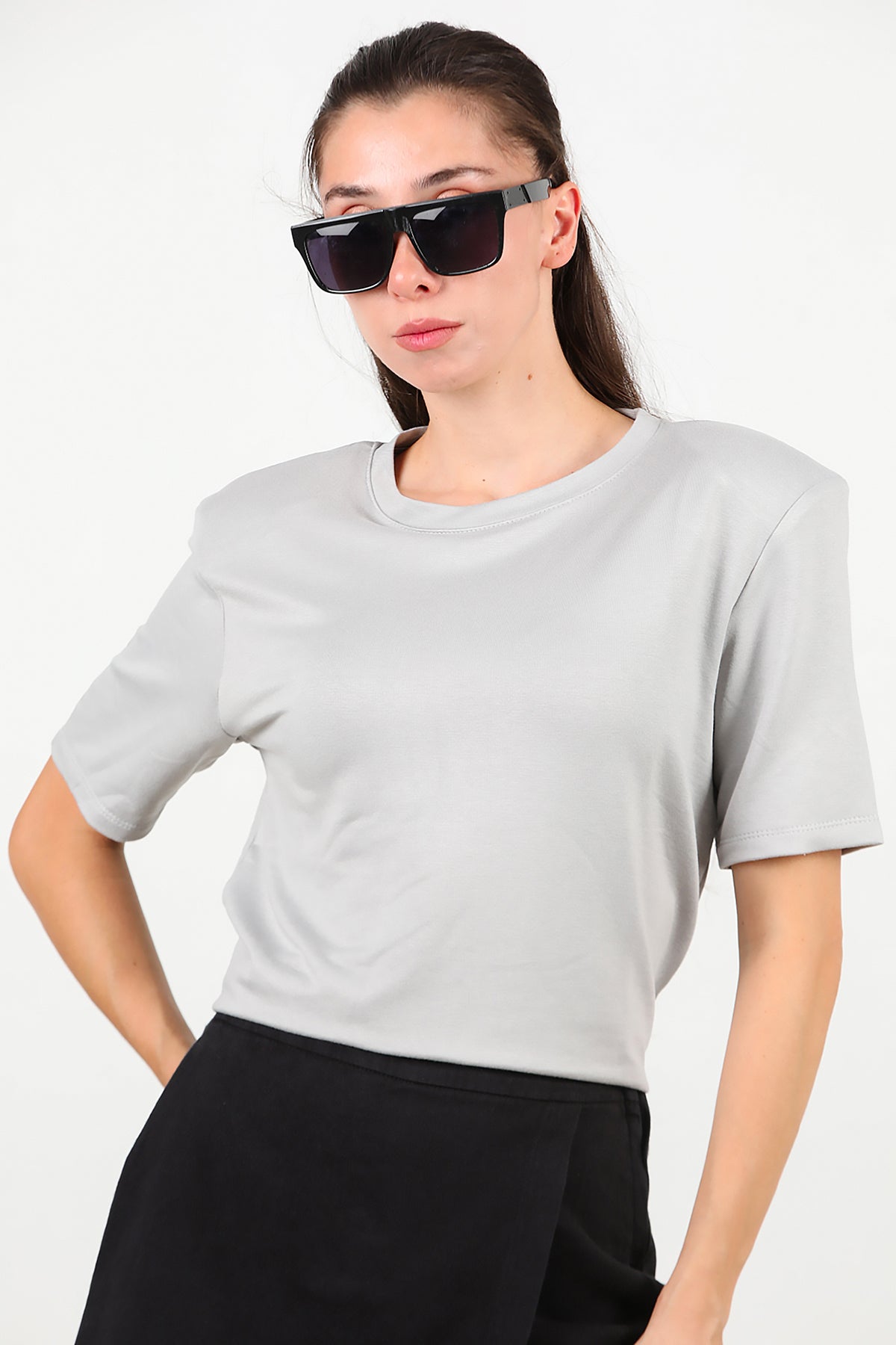 Kadın Bisiklet Yaka Vatkalı T-shirt Gri