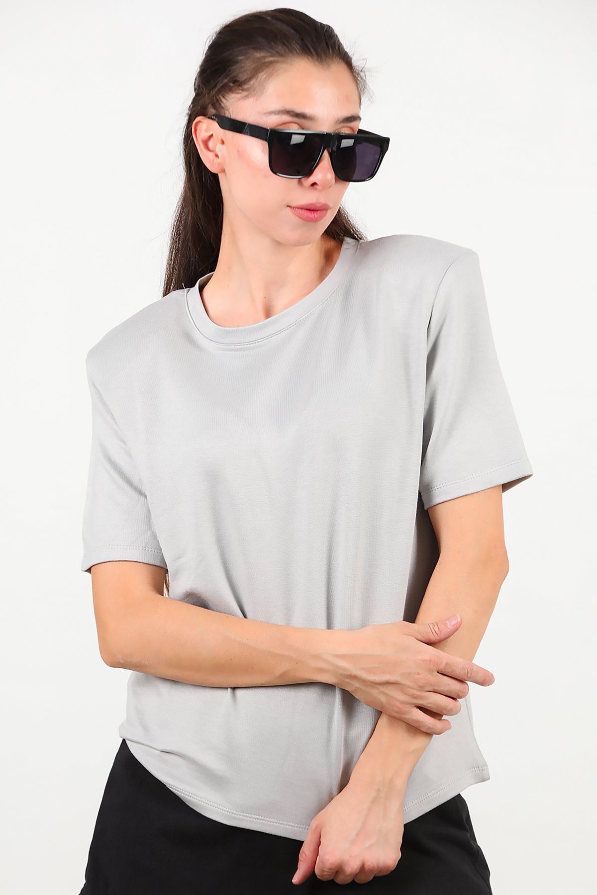 Kadın Bisiklet Yaka Vatkalı T-shirt Gri