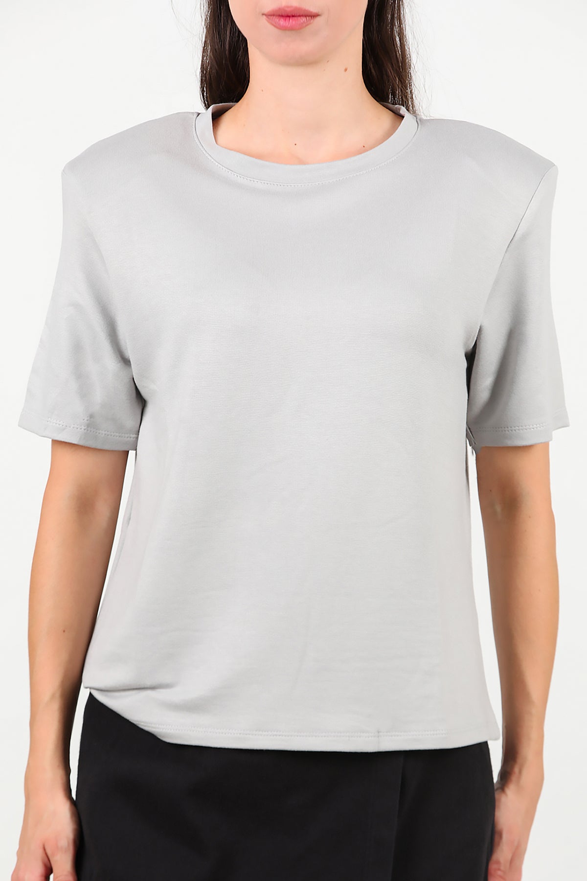 Kadın Bisiklet Yaka Vatkalı T-shirt Gri