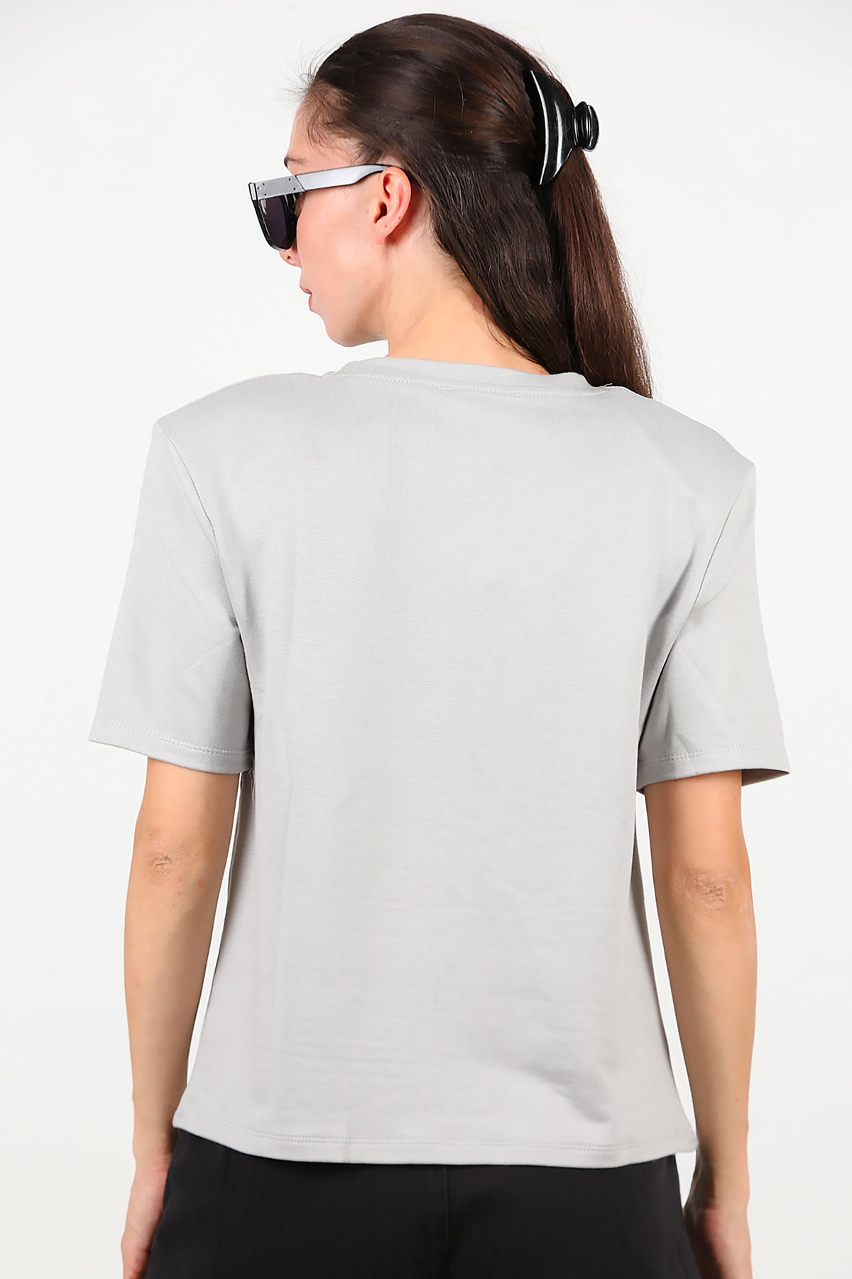 Kadın Bisiklet Yaka Vatkalı T-shirt Gri