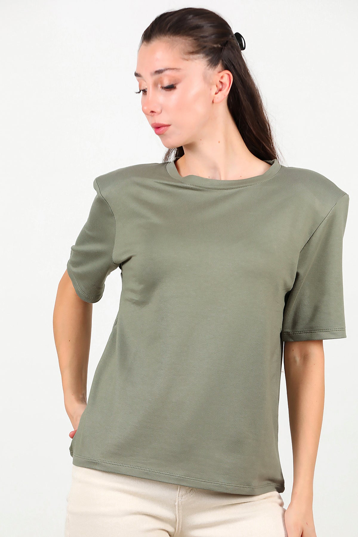 Kadın Bisiklet Yaka Vatkalı T-shirt Haki