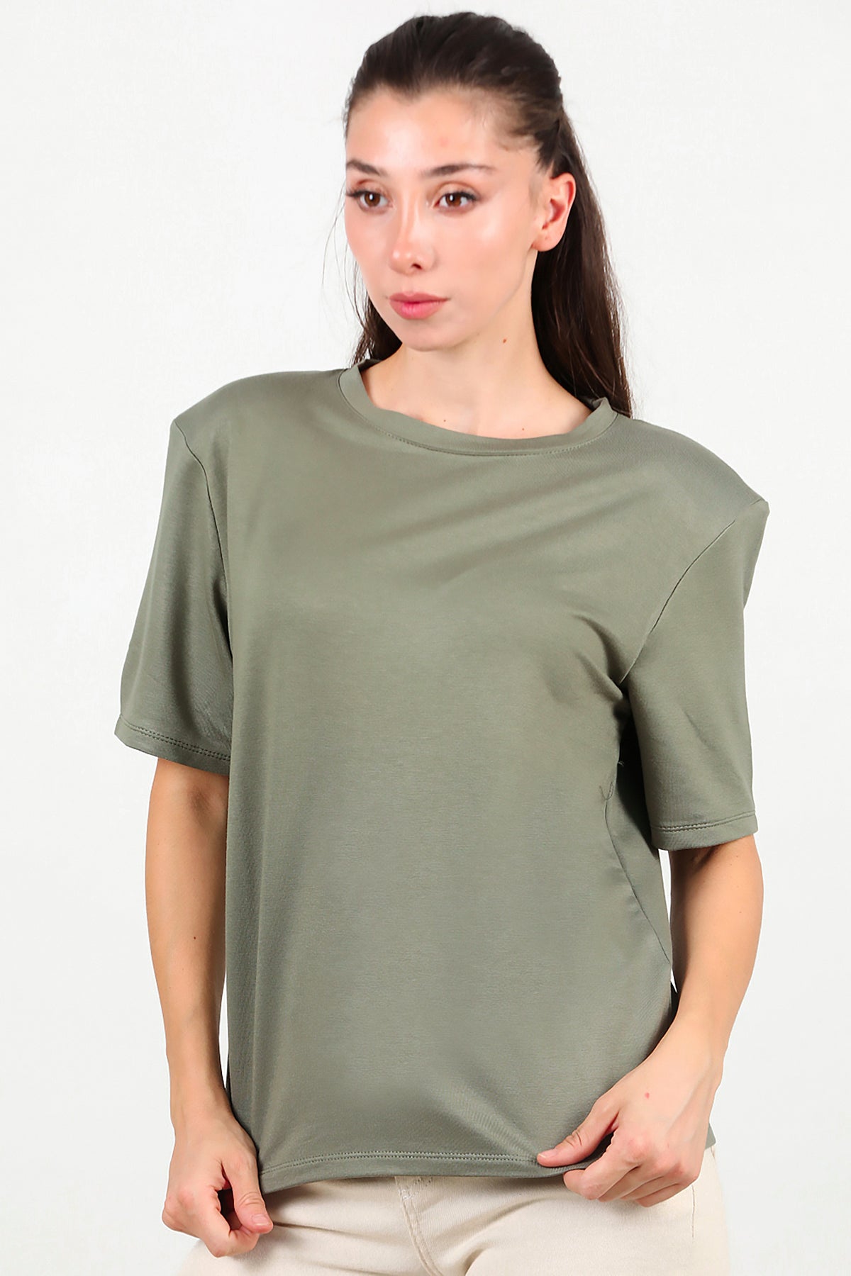 Kadın Bisiklet Yaka Vatkalı T-shirt Haki