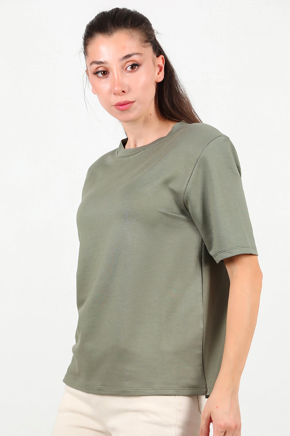 Kadın Bisiklet Yaka Vatkalı T-shirt Haki