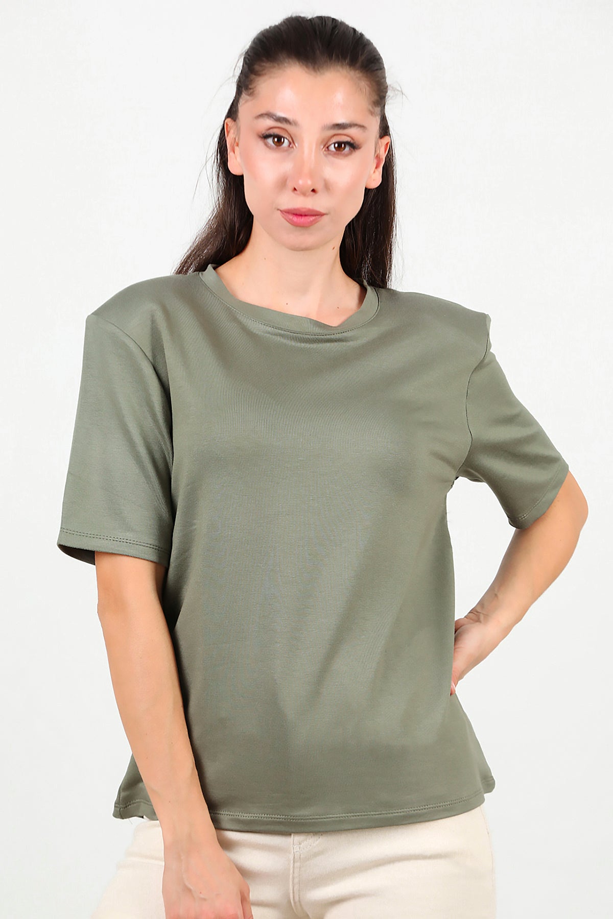 Kadın Bisiklet Yaka Vatkalı T-shirt Haki