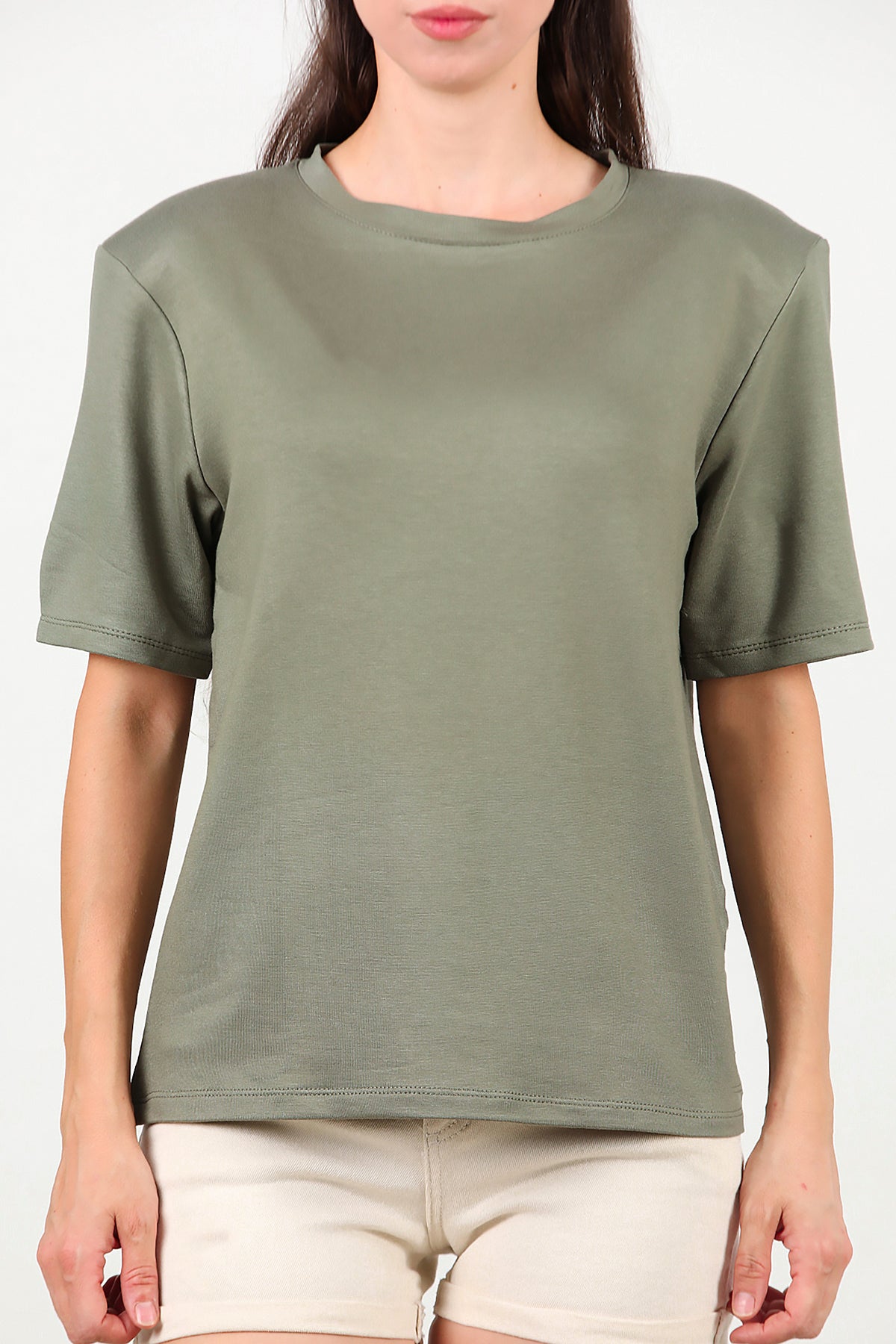 Kadın Bisiklet Yaka Vatkalı T-shirt Haki