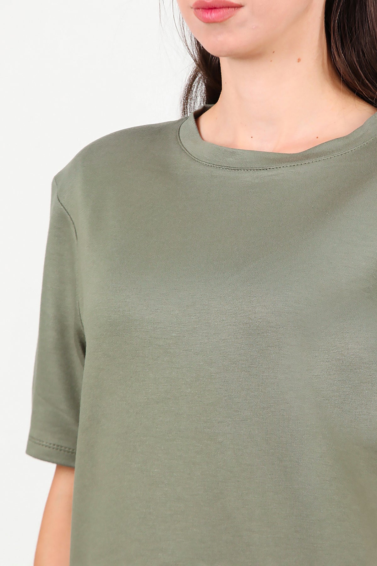 Kadın Bisiklet Yaka Vatkalı T-shirt Haki