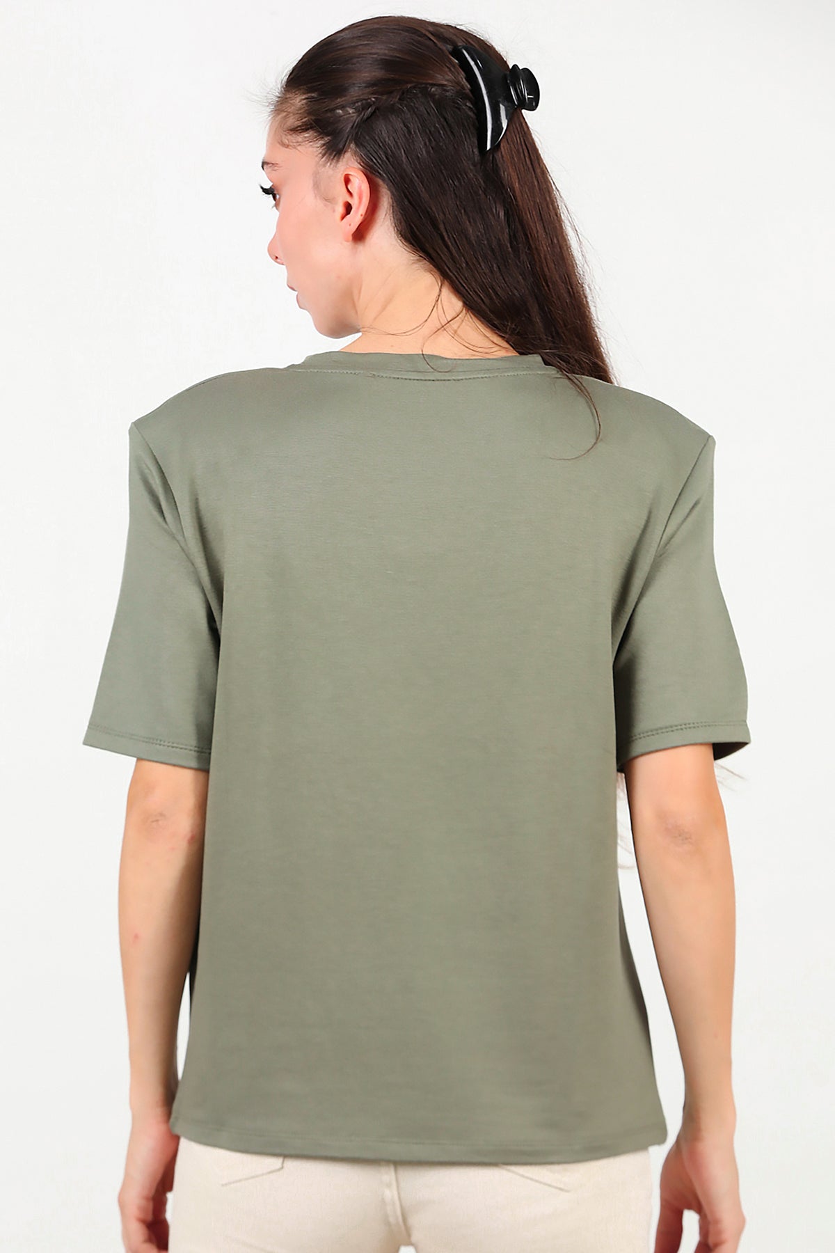 Kadın Bisiklet Yaka Vatkalı T-shirt Haki