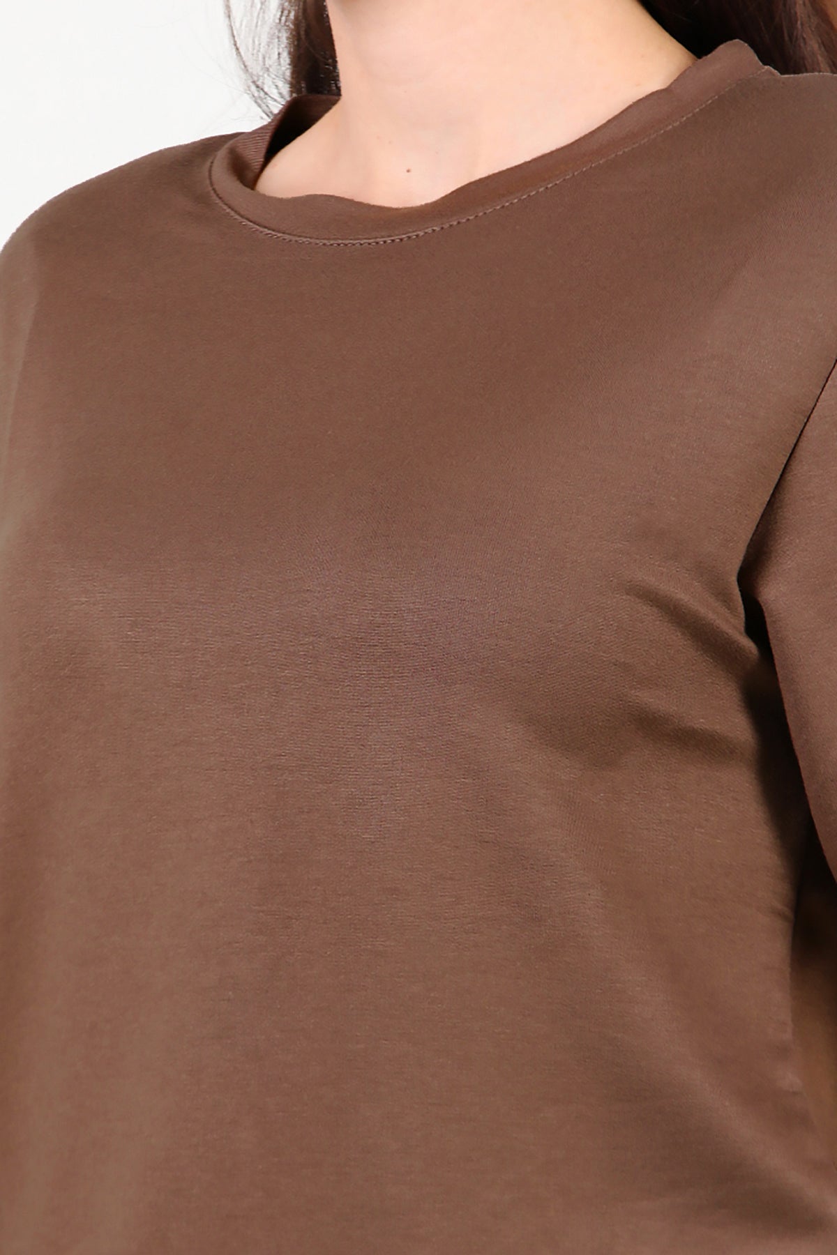 Kadın Bisiklet Yaka Vatkalı T-shirt Kahverengi
