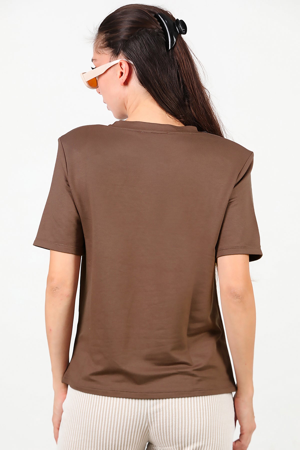 Kadın Bisiklet Yaka Vatkalı T-shirt Kahverengi