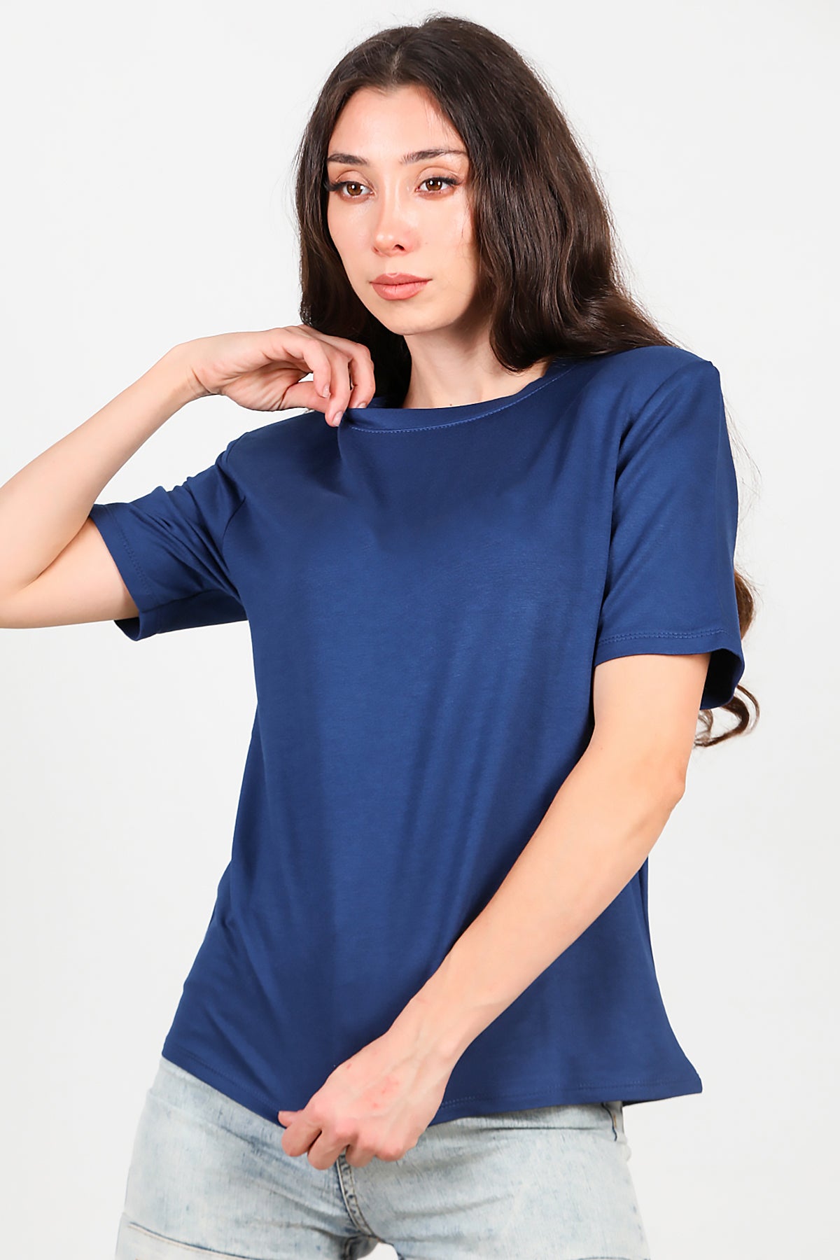 Kadın Bisiklet Yaka Vatkalı T-shirt Lacivert