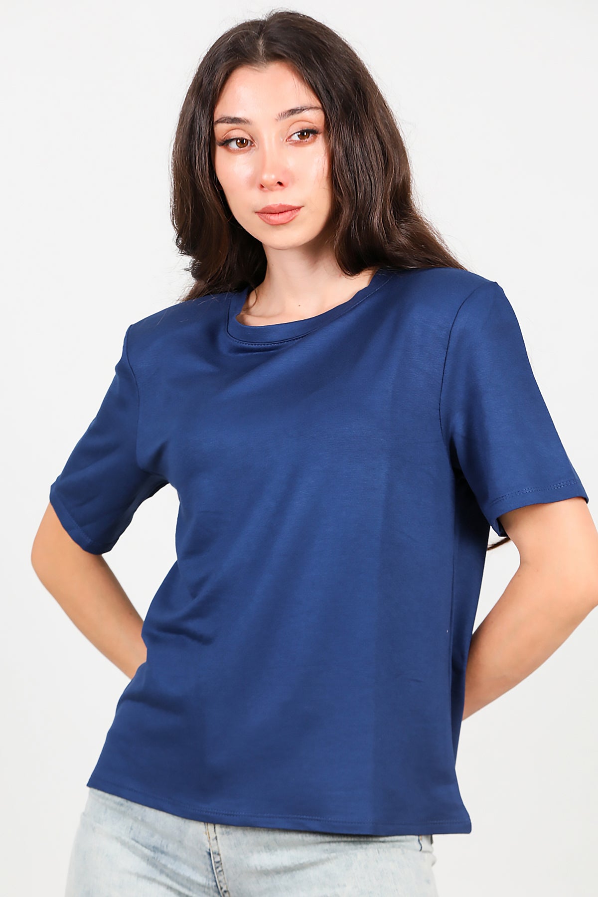 Kadın Bisiklet Yaka Vatkalı T-shirt Lacivert
