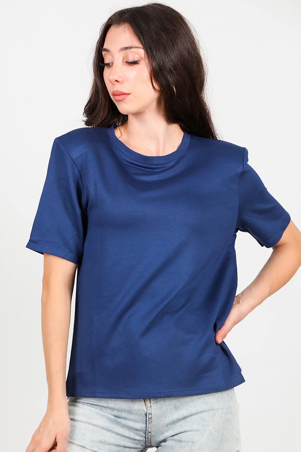 Kadın Bisiklet Yaka Vatkalı T-shirt Lacivert