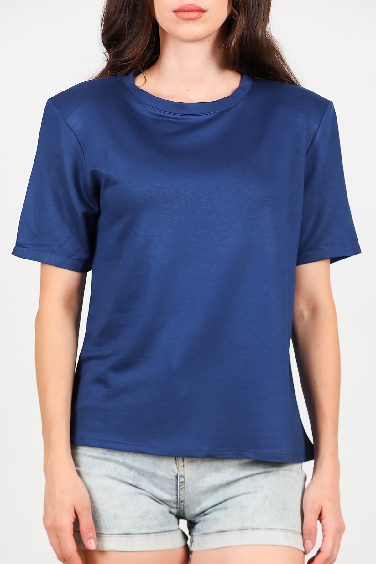 Kadın Bisiklet Yaka Vatkalı T-shirt Lacivert
