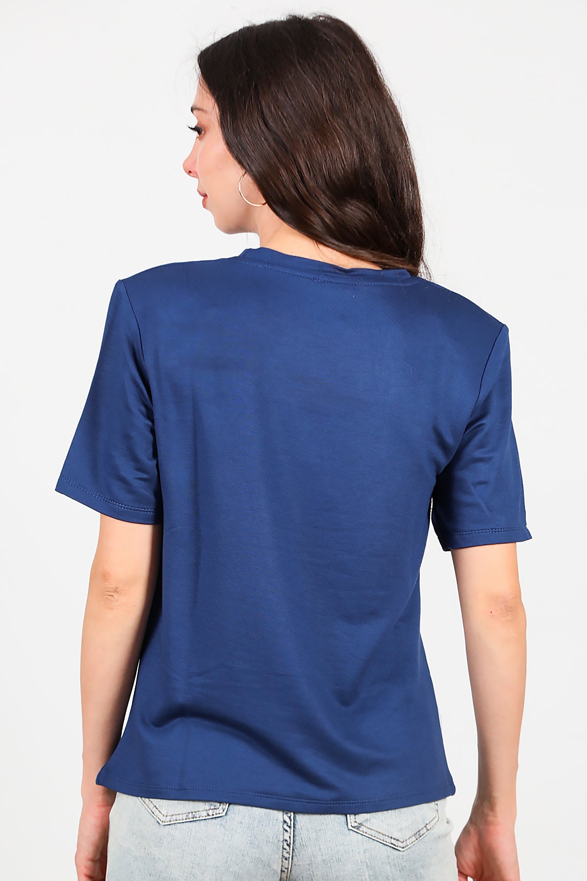 Kadın Bisiklet Yaka Vatkalı T-shirt Lacivert