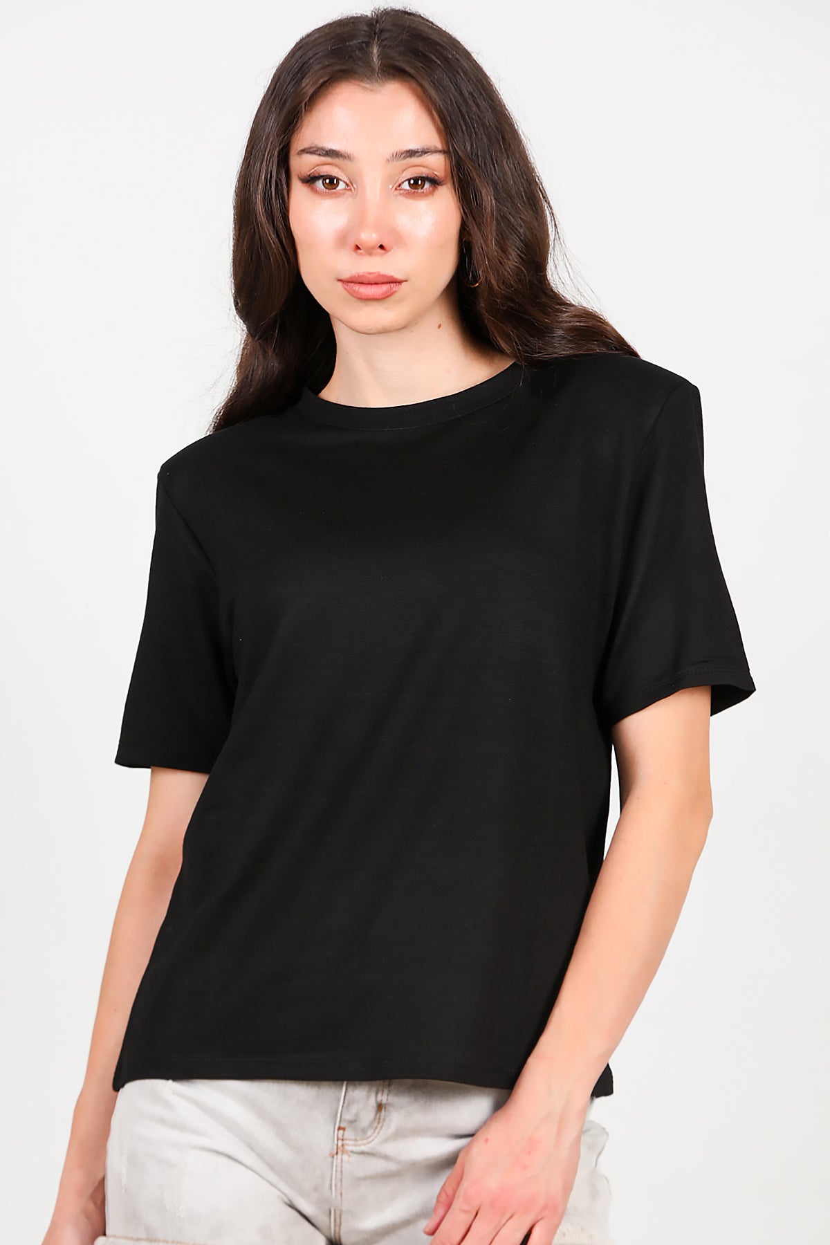 Kadın Bisiklet Yaka Vatkalı T-shirt Siyah