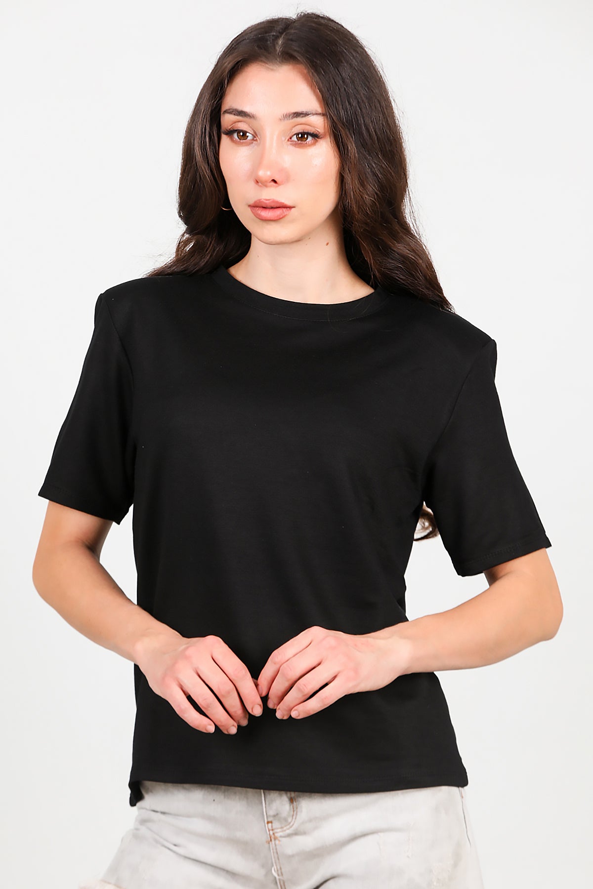 Kadın Bisiklet Yaka Vatkalı T-shirt Siyah