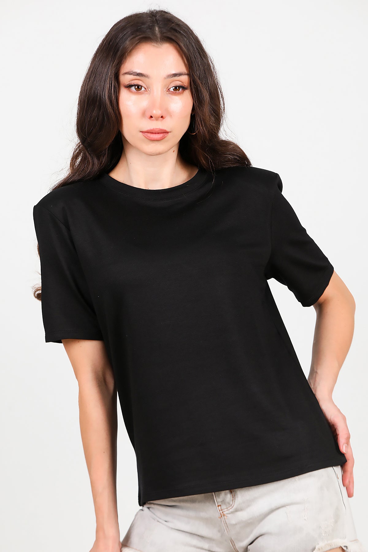Kadın Bisiklet Yaka Vatkalı T-shirt Siyah