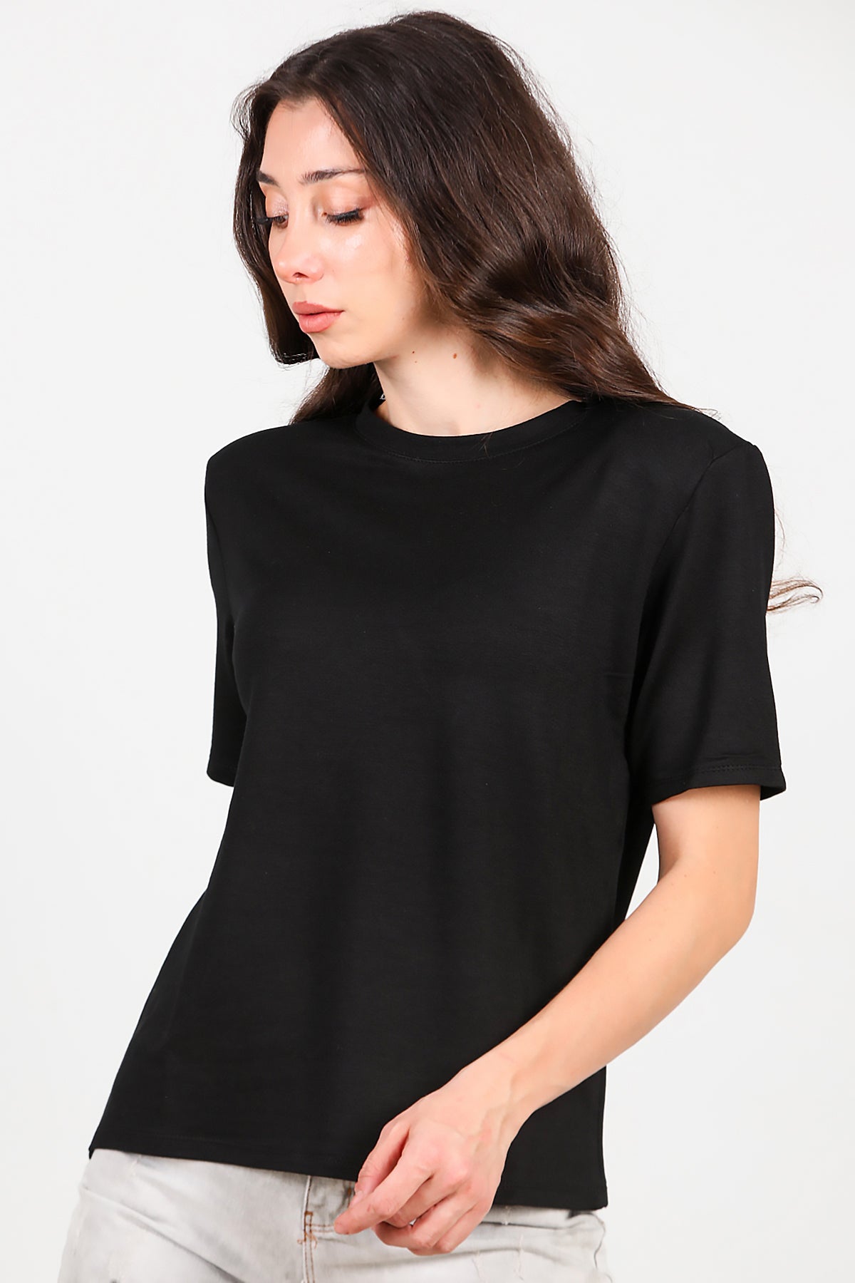 Kadın Bisiklet Yaka Vatkalı T-shirt Siyah