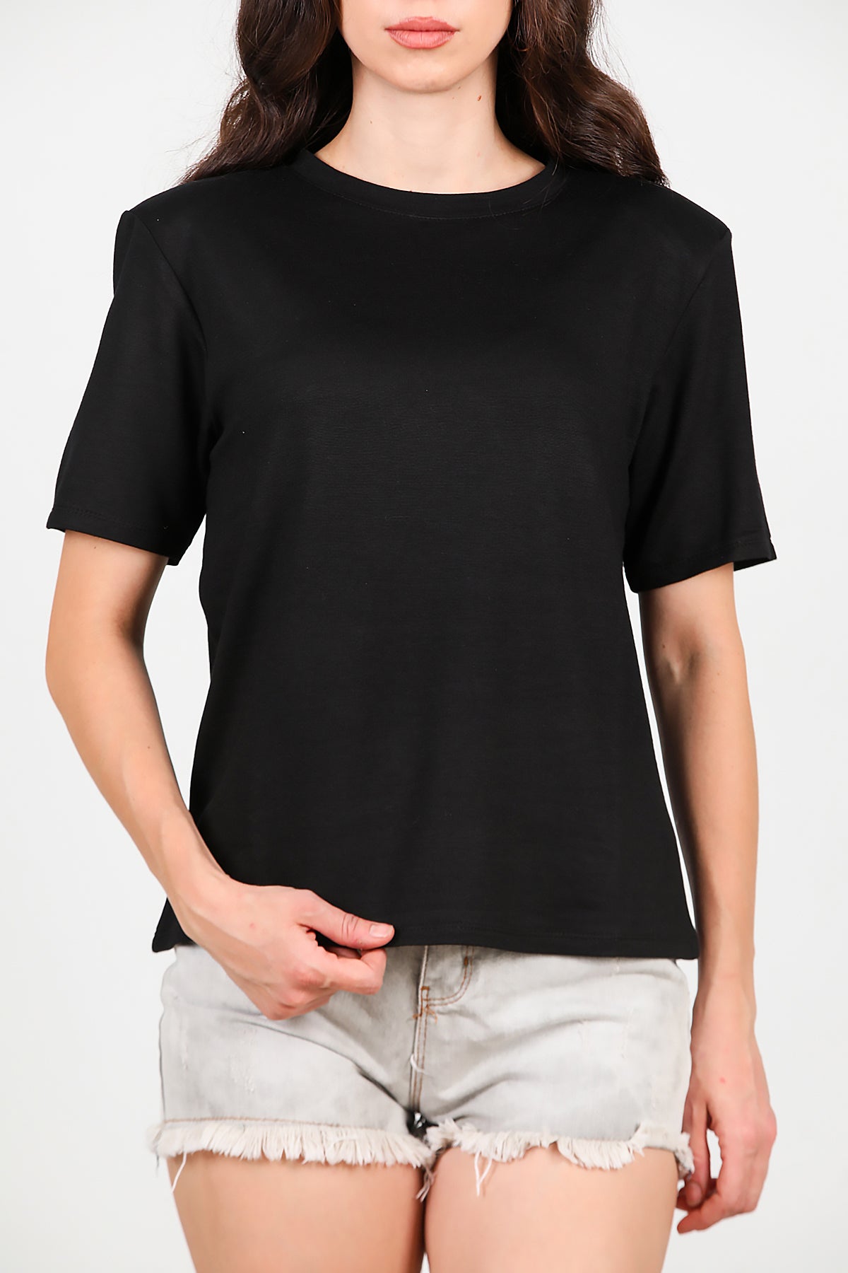 Kadın Bisiklet Yaka Vatkalı T-shirt Siyah