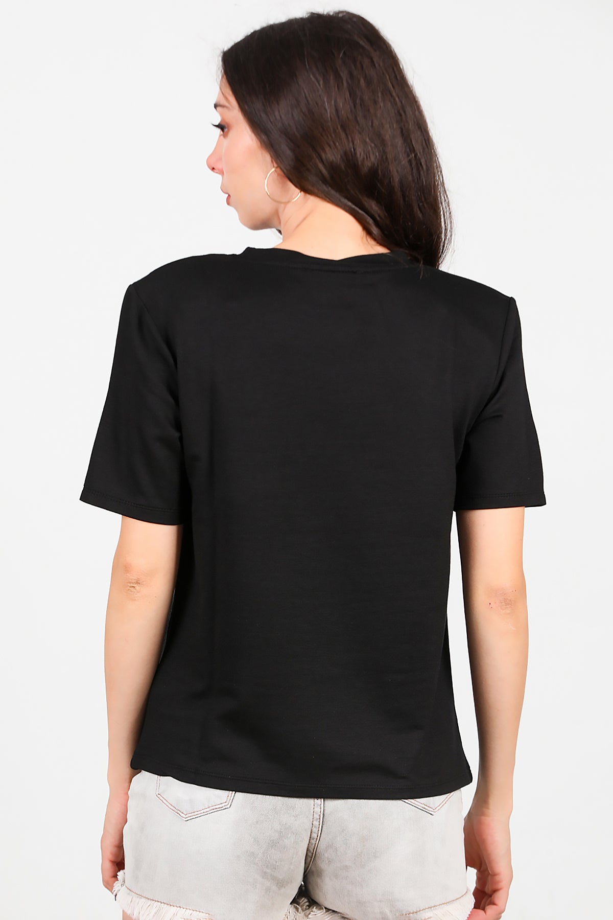 Kadın Bisiklet Yaka Vatkalı T-shirt Siyah
