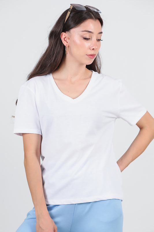 Kadın V Yaka T-shırt Beyaz