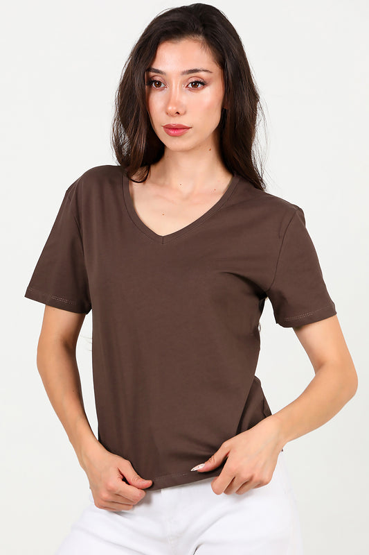 Kadın V Yaka T-shırt Kahverengi