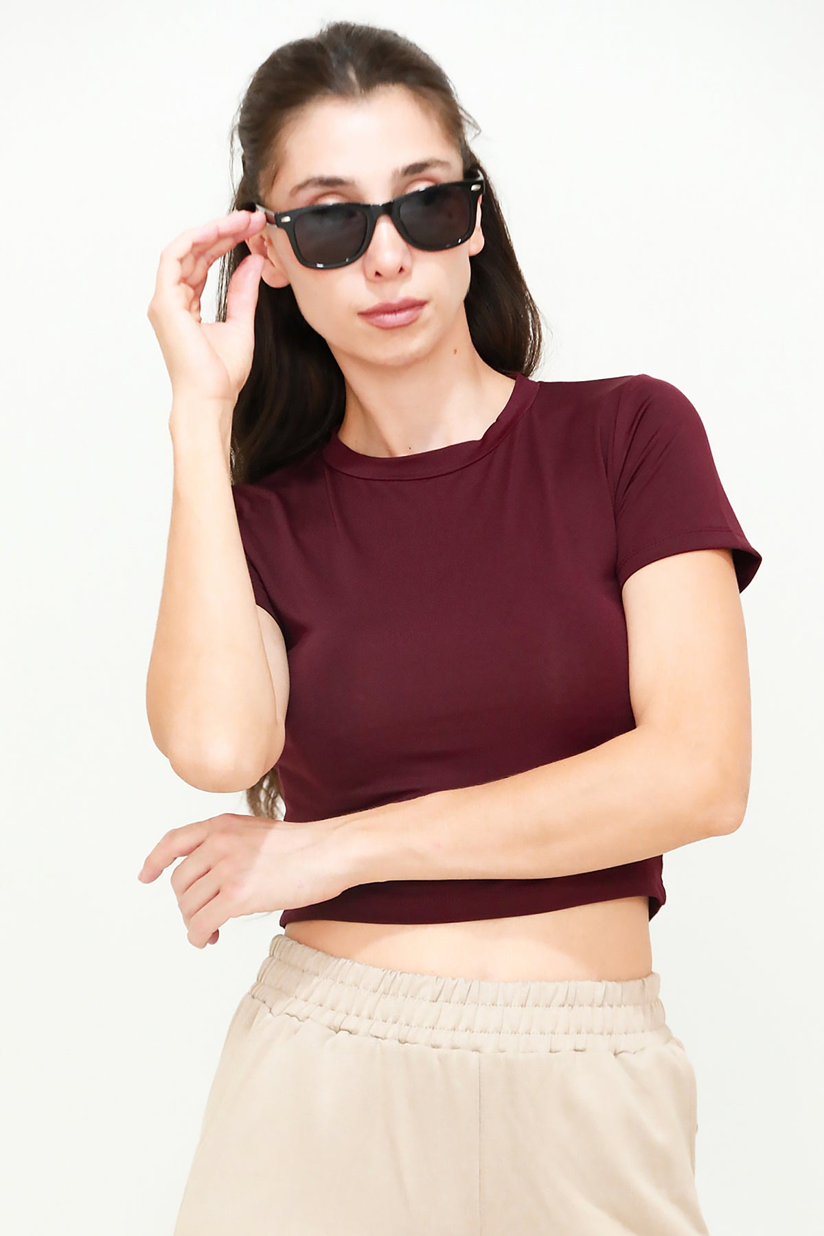 Kadın Bisiklet Yaka Crop T-Shirt Bordo