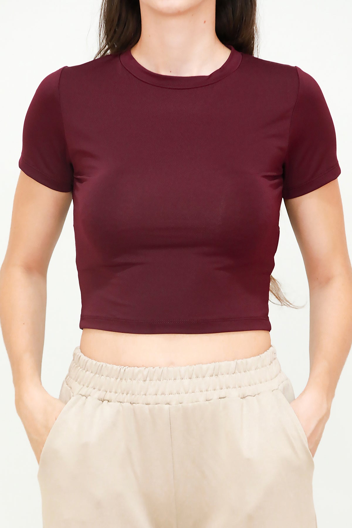 Kadın Bisiklet Yaka Crop T-Shirt Bordo