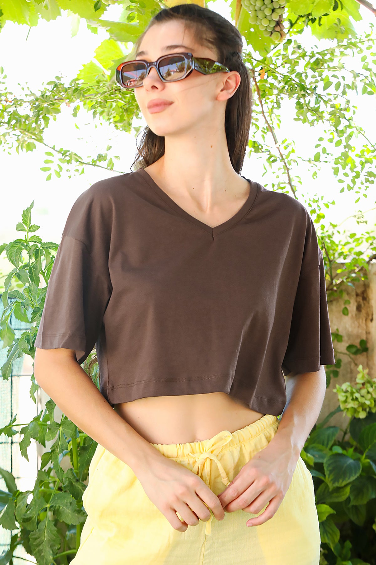 Kadın V Yaka Kısa T-Shirt Kahverengi