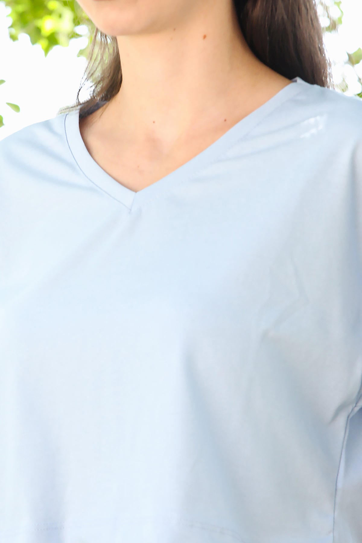 Kadın V Yaka Kısa T-Shirt Mavi
