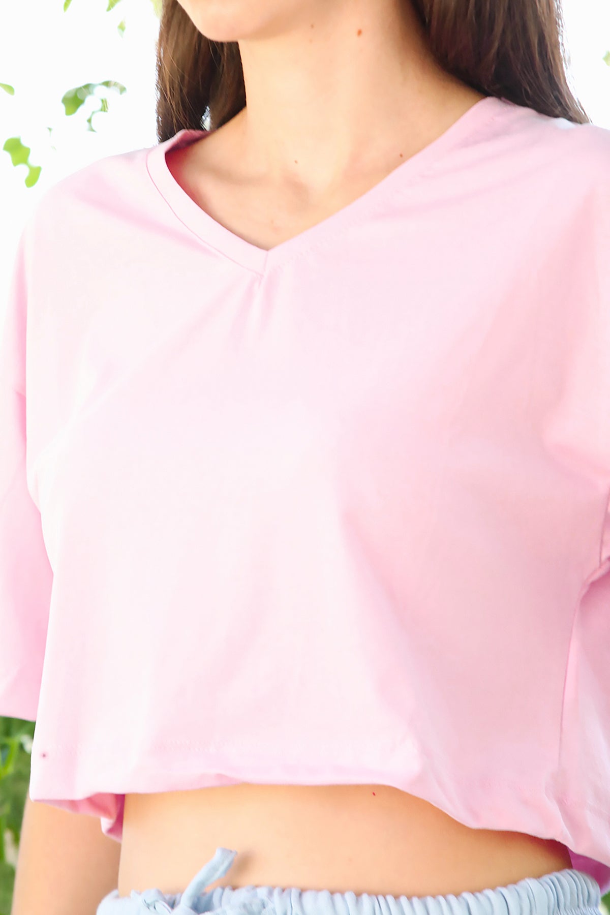 Kadın V Yaka Kısa T-Shirt Pembe