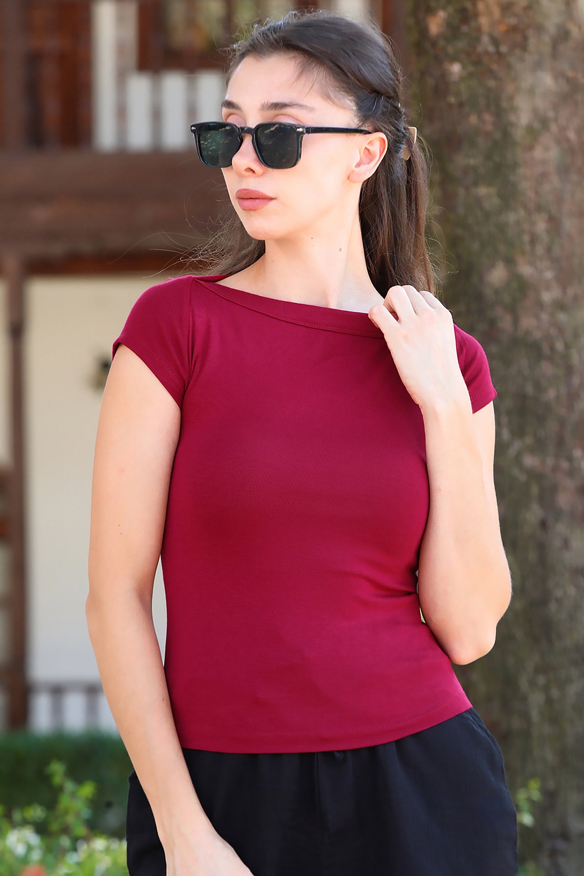 Kadın Kayık Yaka Bluz T-Shirt Bordo