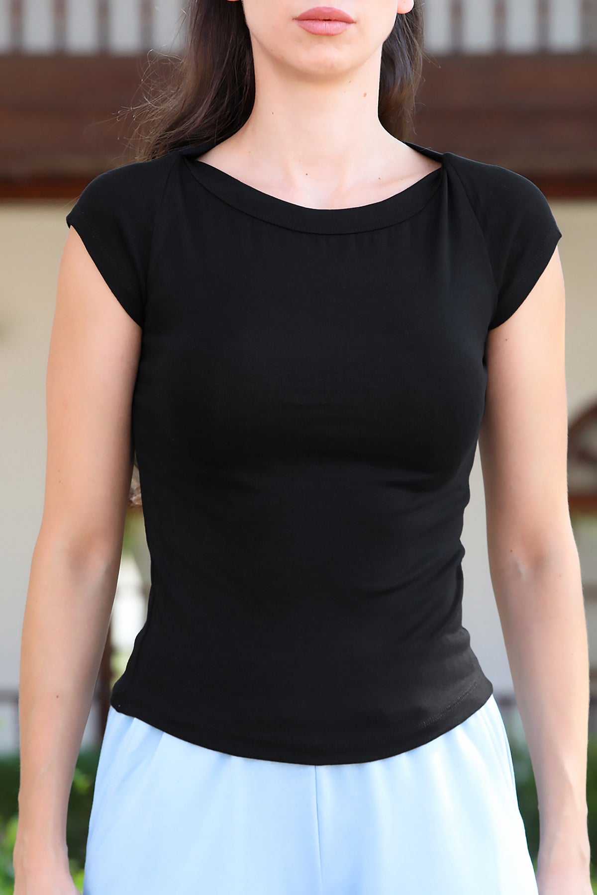 Kadın Kayık Yaka Bluz T-Shirt Siyah