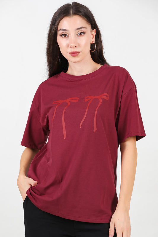 Kadın Baskılı Oversize T-shirt Bordo