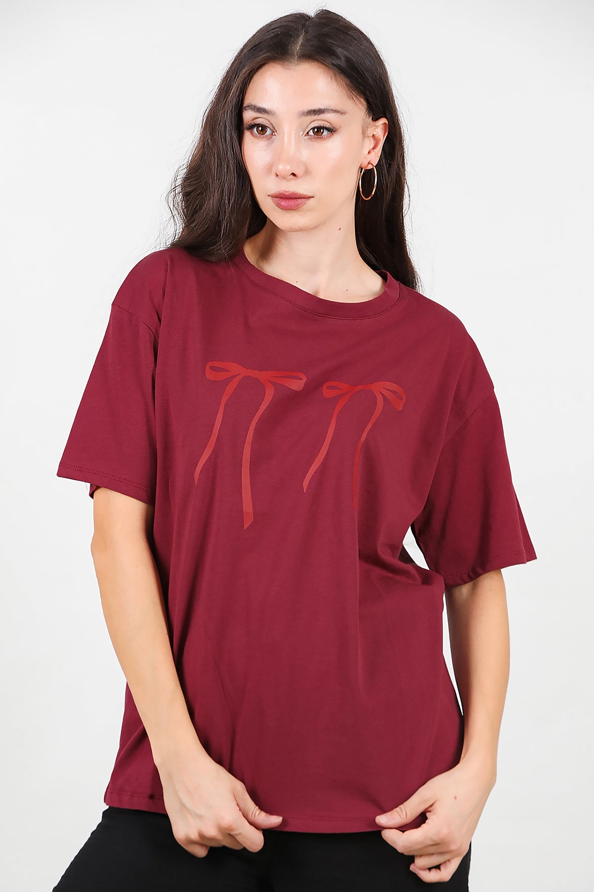 Kadın Baskılı Oversize T-shirt Bordo