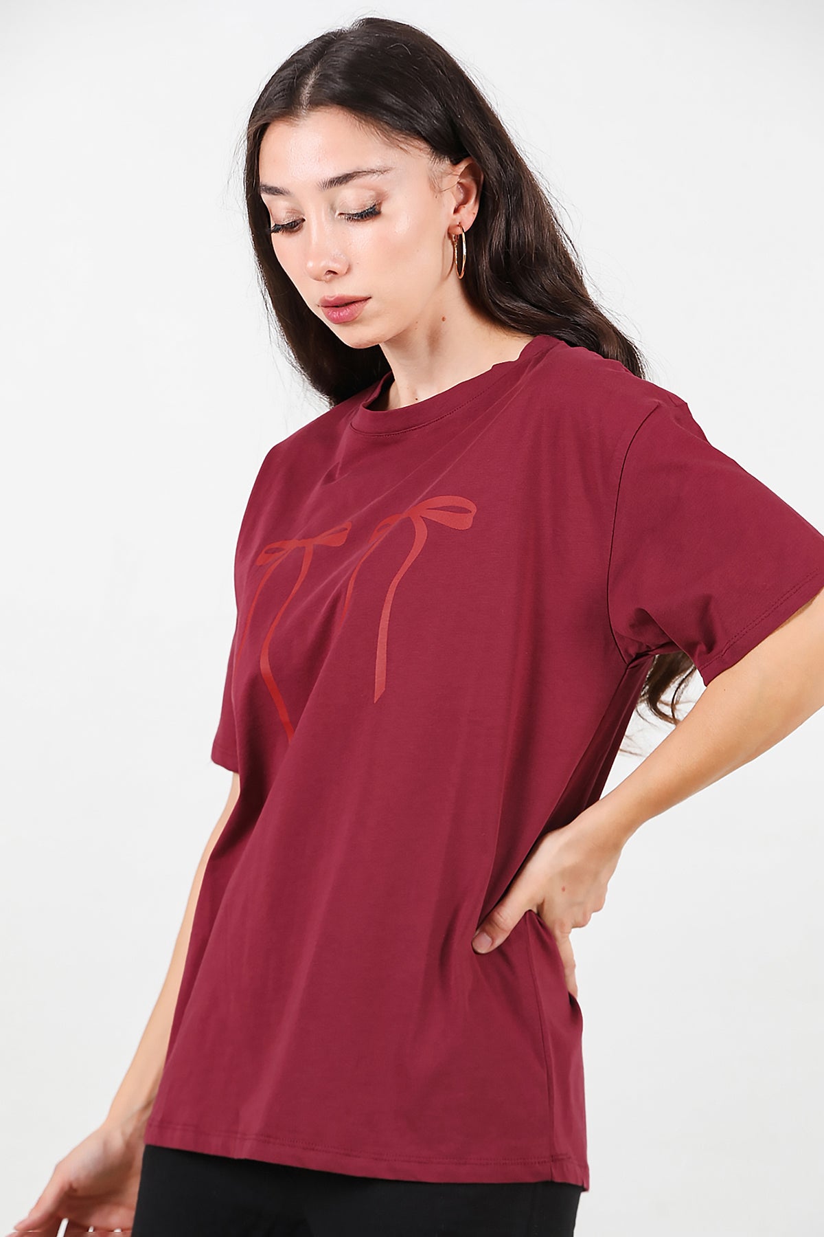 Kadın Baskılı Oversize T-shirt Bordo