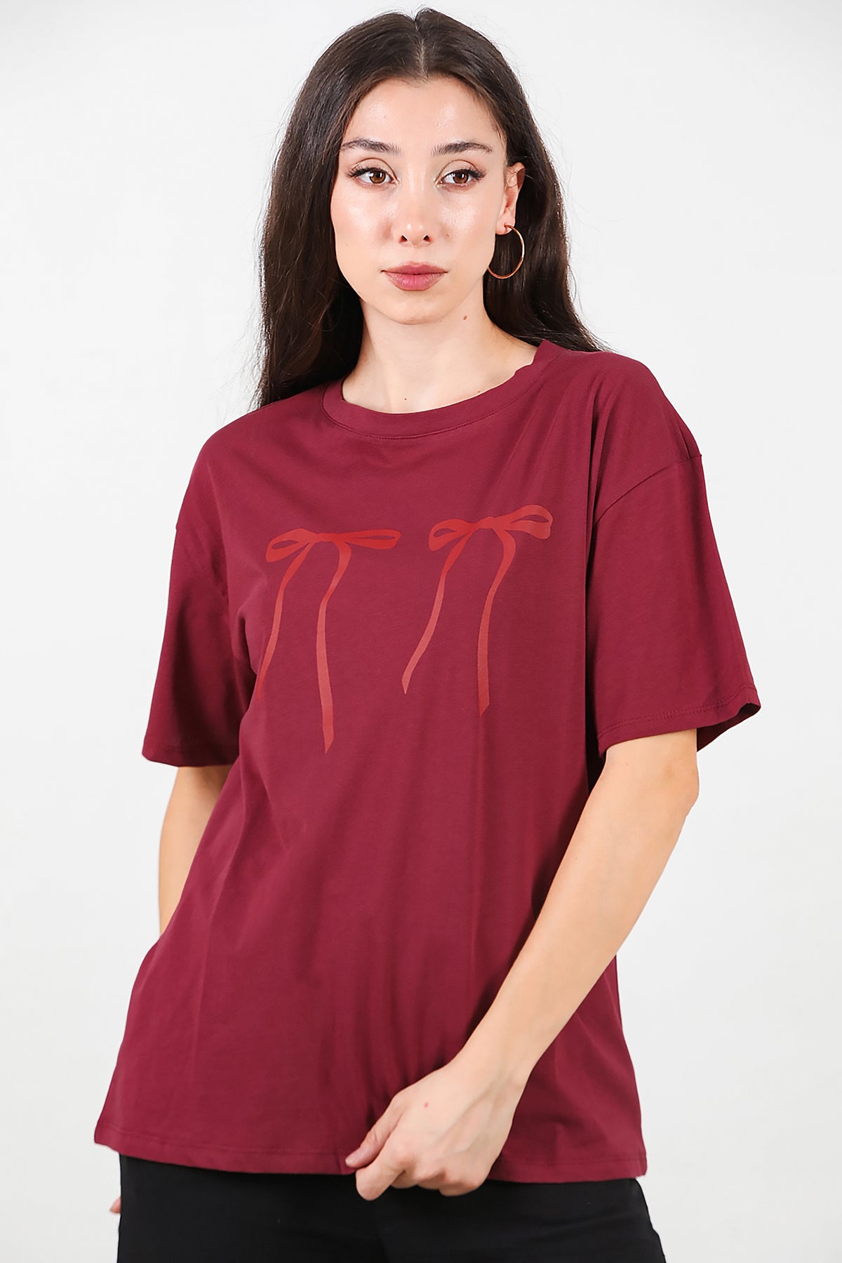 Kadın Baskılı Oversize T-shirt Bordo