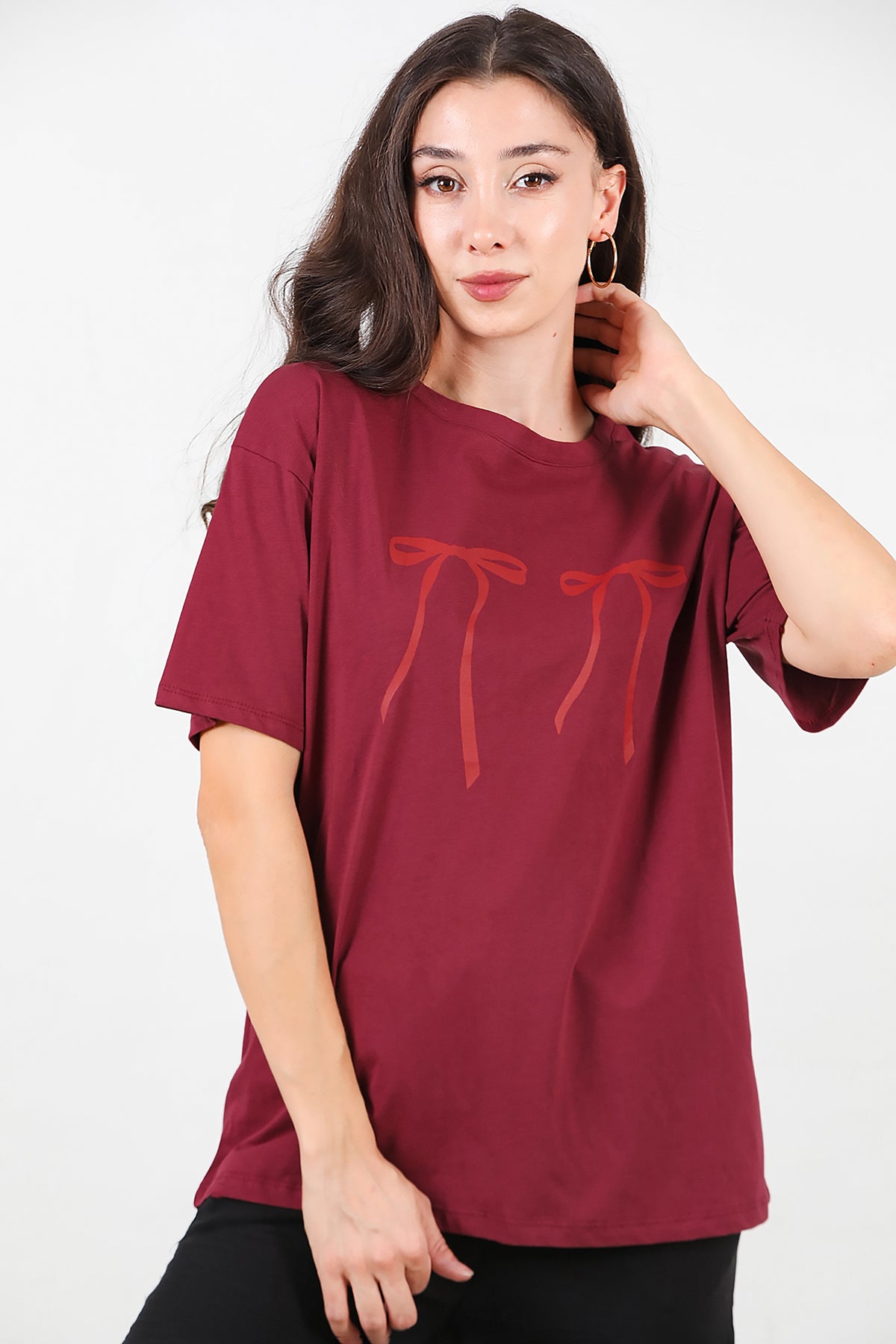 Kadın Baskılı Oversize T-shirt Bordo