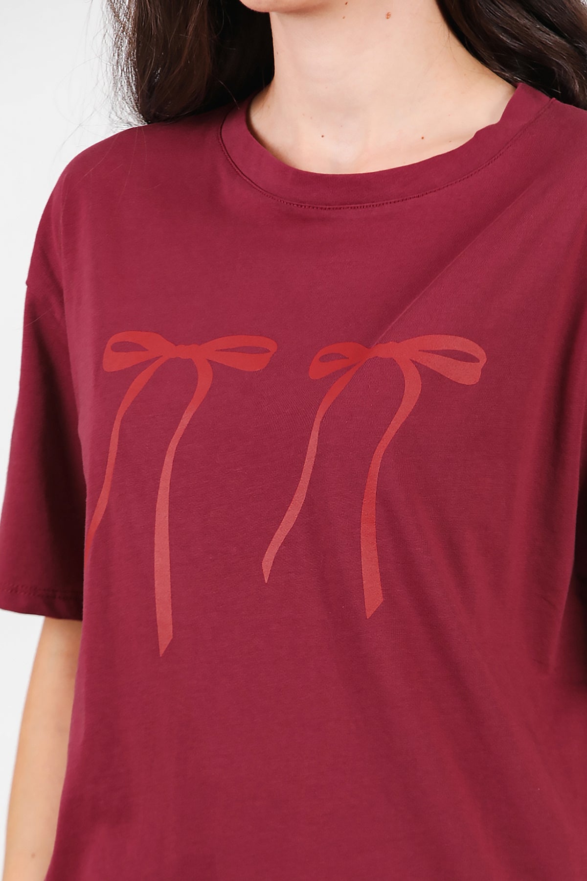 Kadın Baskılı Oversize T-shirt Bordo