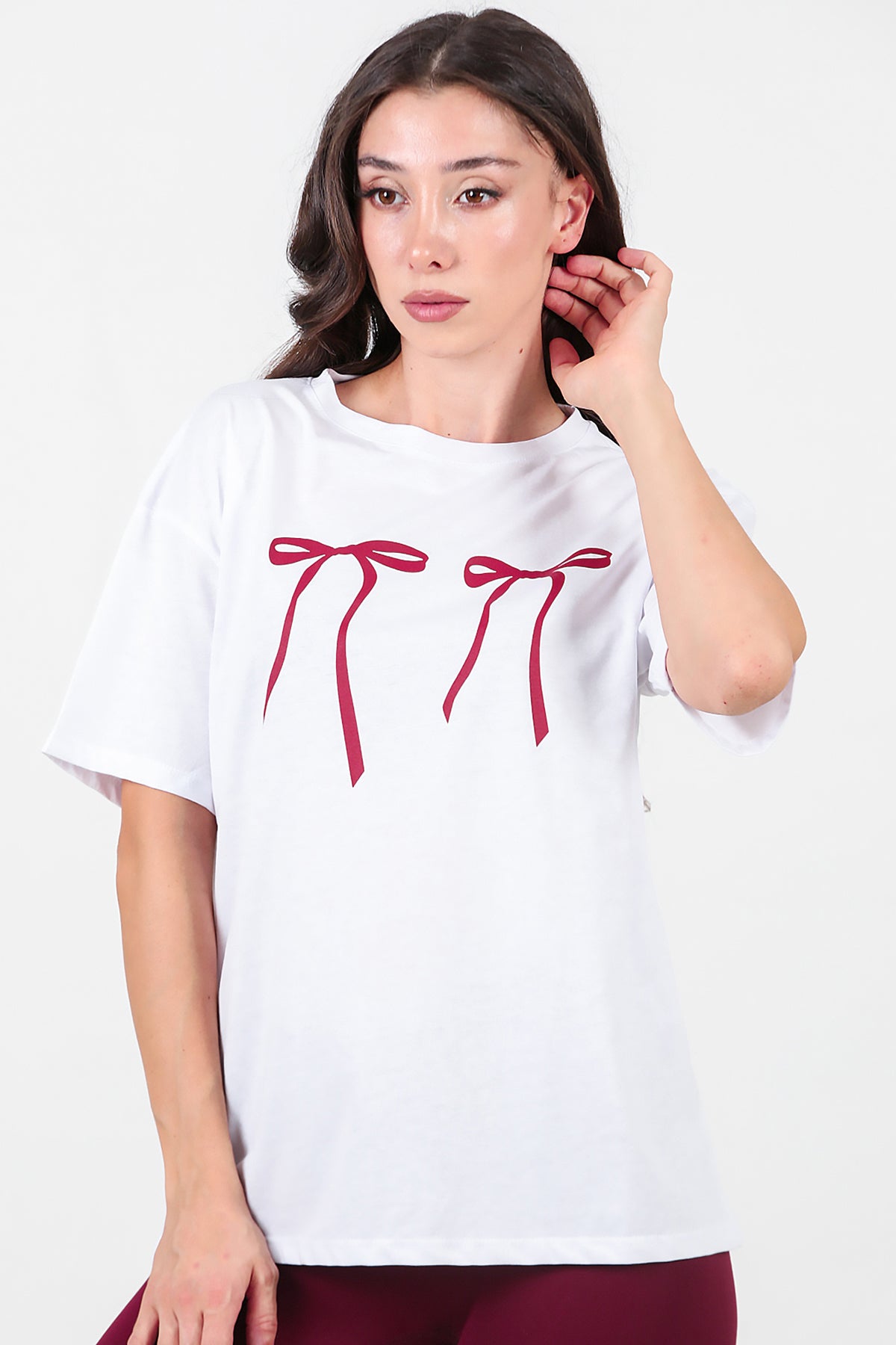 Kadın Baskılı Oversize T-shirt Beyaz